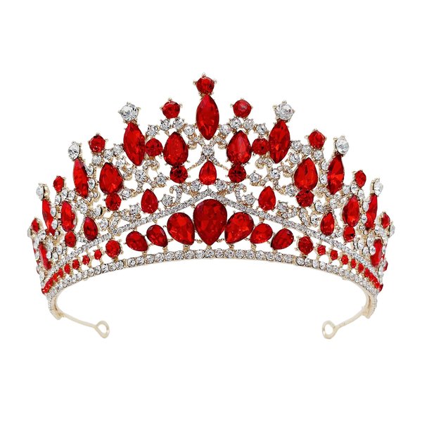 SH Metal Tiaras and Crowns for Women, Crystal Wedding Tiara for Bride, Rhinestone Queen Crown, Bridal Costume Hair Accessories for Birthday Prom Pageant Quinceanera Celebration, Red