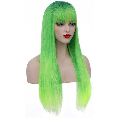 BERON Green Ombre Wigs Straight Long Hair Wigs with Bangs Women Fashion Heat Resistant Synthetic Natural Looking Wig for Cosplay Party or Daily Use