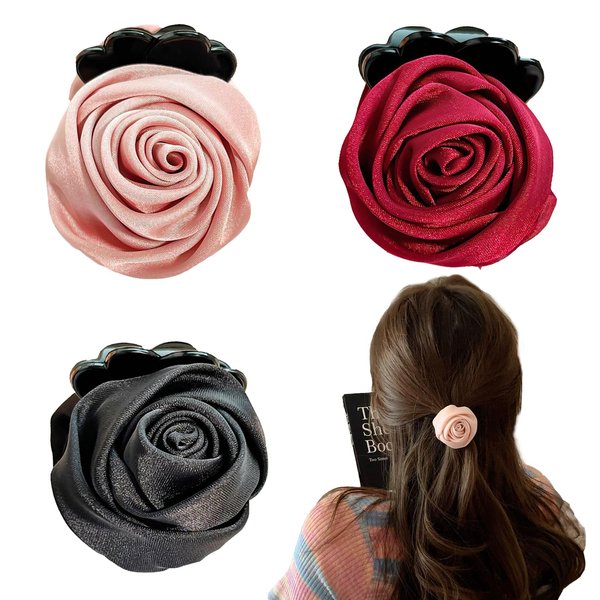 3 Pieces Fashion Nonslip Rose Hair Clips Flower Hair Jewelry for Women Girls Hair Styling Accessories (Pack of 3)