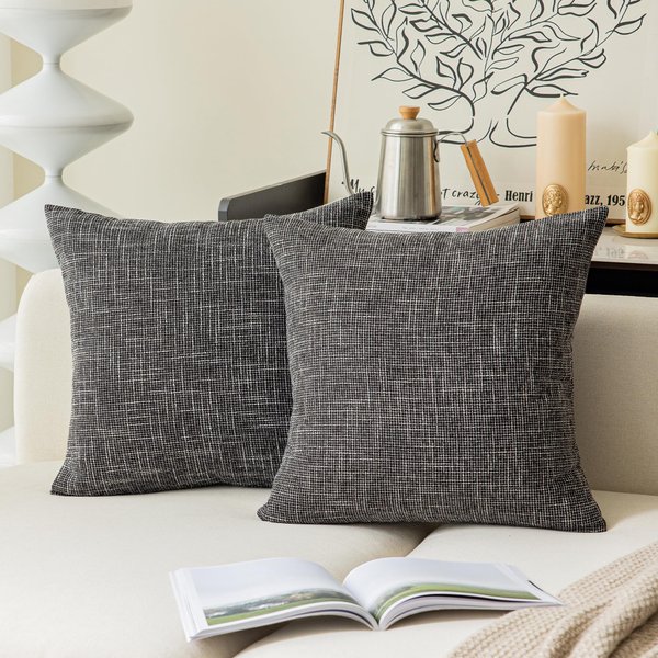 Kevin Textile Pillow Case Faux Linen Toss Soft Throw Cushion Covers for Couch, Invisible Zipper, 18x18 inches(Set of 2, Black)
