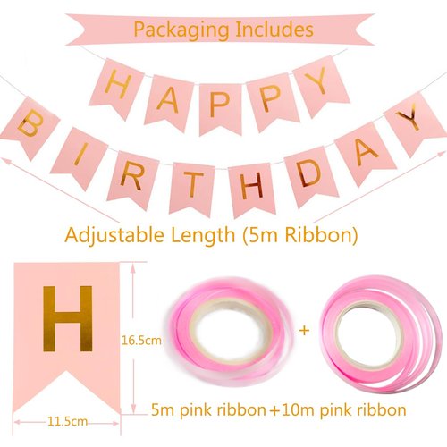 Happy Birthday Banner, Pink Birthday Decoration, 16 pcs 12 inch Happy Birthday Balloons with 2 Ribbons for Girl and Women Birthday Party Decoration