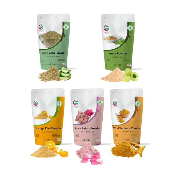 Herbal Skin Care Set | 5 powders in One Pack | Aloe vera, Amla, Orange Peel, Rose & Wild Turmeric powders | 100g Each | DIY Face Mask Powders | By Yogi's Gift®
