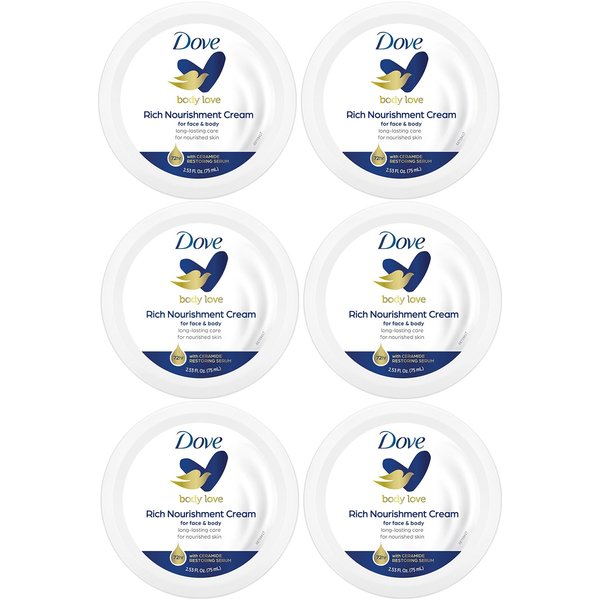Dove Body Love Rich Nourishment Cream, Face, Hand & Body Lotion for Extremely Dry Skin, Fast-Absorbing 72-Hour Moisturizing Cream with Ceramide Serum, Travel Size, 2.53 Oz (Pack of 6)