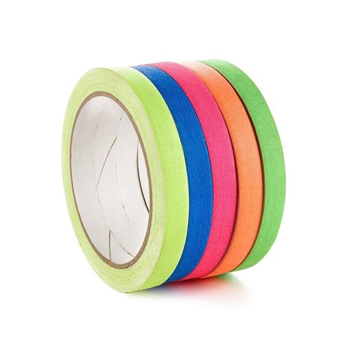 Spike Tape Sets 1/2 inch x 36 ft Each,5 Bright Colors, Neon Fluorescent Gaffer Tape,Gaff Tape,Dry Erase Tape for Hula Hoops,Theater Stage Floors Pinstripe Marking Tape.