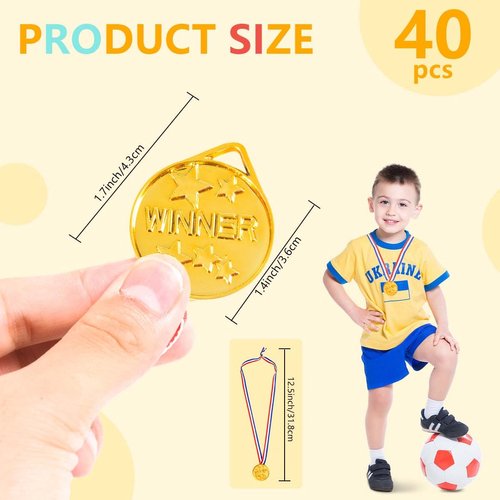KISEER 40 Pieces Plastic Gold Winner Award Medals Bulk for Sports, Games Competitions, Party Favors and Decorations