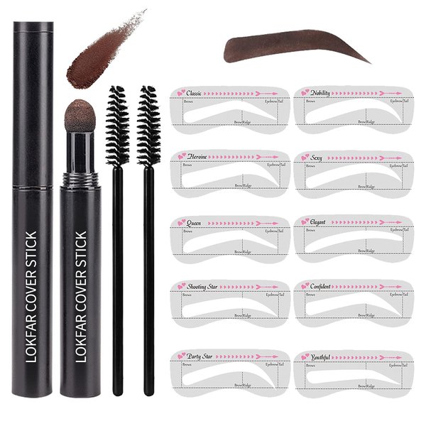 Eye-Brow Stamp Stencil Kit, Waterproof Brow Stamp Shaping Kit Eyebrow Definer, Eyebrow Filling Powder Stamp, Eye Brow Stamping Kit with 10 Eyebrow Stencils, 2 Eyebrow Brushes for Women (Dark Brown)