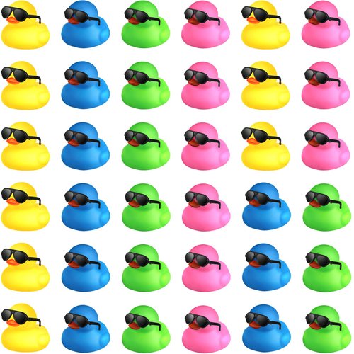 Chivao 36 Pcs Mini Rubber Ducks with 36 Sunglasses Rubber Ducks in Bulk Bathtub Duckies Toys for Kids Christmas Valentine's Day Gifts Birthday Party Favors Cruise(Colored, Duck with Sunglasses)