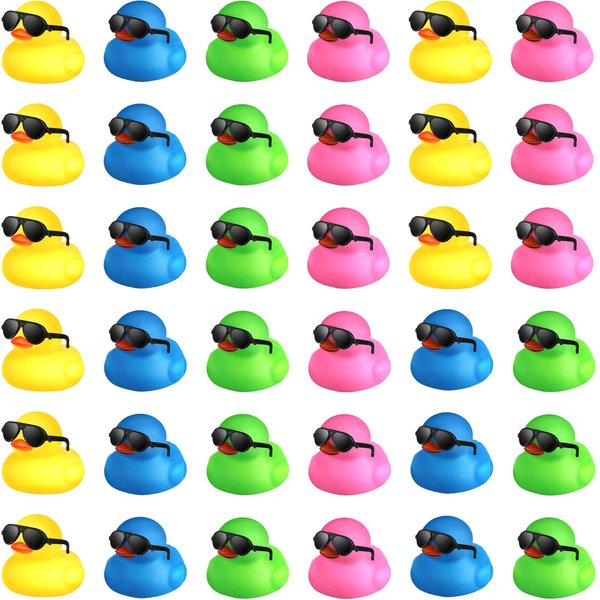 Chivao 36 Pcs Mini Rubber Ducks with 36 Sunglasses Rubber Ducks in Bulk Bathtub Duckies Toys for Kids Christmas Valentine's Day Gifts Birthday Party Favors Cruise(Colored, Duck with Sunglasses)