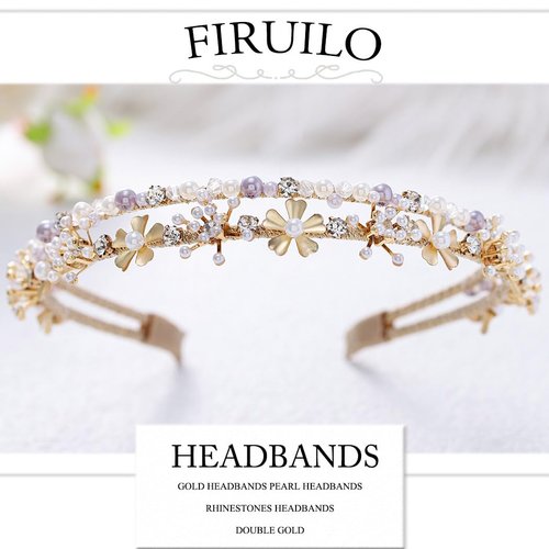 Firuilo Gold Double Headbands Gray Pearls Hair Bands Bling Crystal Rhinestones Head Bands Bride Weeding Diamond Hair Hoop for Women and Girls
