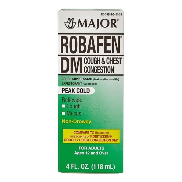 Major Robafen DM Cough & Chest Congestion Cough Suppressant & Expectorant Dextromethorphan 20 mg/Guaifenesin 200 mg Raspberry Flavor Cough Syrup - 4 Fl Oz