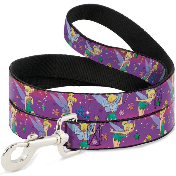 Buckle-Down Pet Leash - Tinker Bell Poses/Flowers/Stars/Skull Purple - 6 Feet Long - 1" Wide