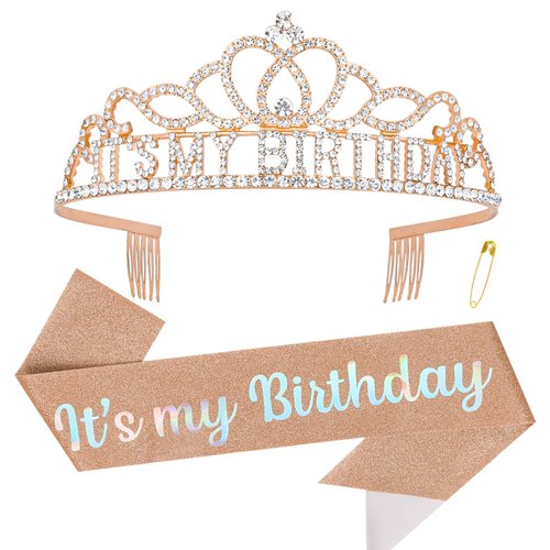 ACO-UINT Birthday Crown for Women, Rose Gold Birthday Headband Birthday Sash It's My Birthday Crown, Birthday Girl Crown Birthday Tiara Birthday Decorations Birthday Gifts
