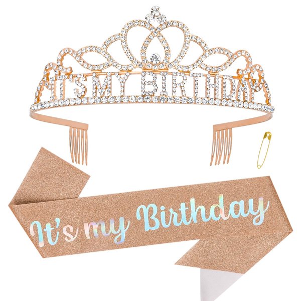 ACO-UINT Birthday Crown for Women, Rose Gold Birthday Headband Birthday Sash It's My Birthday Crown, Birthday Girl Crown Birthday Tiara Birthday Decorations Birthday Gifts