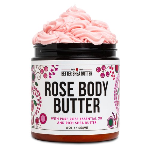 Rose Body Butter for Dry Skin with Moisturizing Whipped Raw Shea Butter and Rose Essential Oil | Ultra Hydrating Rose Lotion for Women | No Synthetic Fragrances | 8 oz Jar
