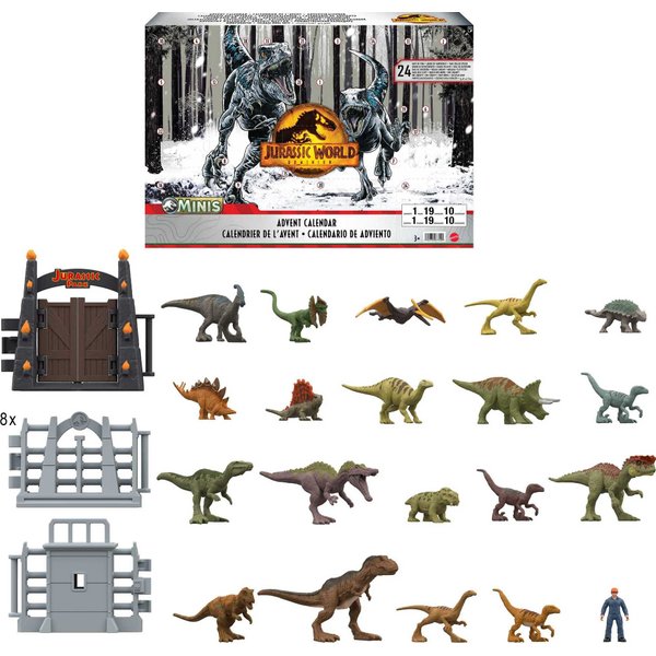 Mattel Jurassic World Dominion Advent Calendar, 24-Day Countdown, Daily Surprise of Mini Dinos, Humans & Gate Pieces, Holiday Gift