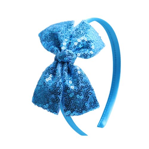 Kiszu Sparkly Sequin Hair Bow Headband for Girls, Kids, and Toddlers - Fashion Cute Boutique Style Hair Accessory - 1 Piece (Blue)