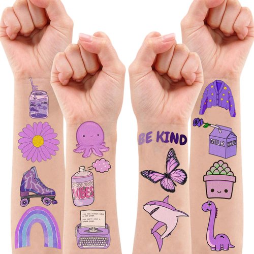 Purple Aesthetic Temporary Tattoos 8 Sheets 76 PCS Purple Party Decorations Favors Supplies Color Theme Birthday Cute Tattoo Stickers Christmas Gifts for Boys Girls Kids Class School Prizes Carnival