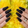 Hypnaughty 24 Pcs Noir Black Matte Luxury Coffin Press on Nails with Glue Medium Long Solid Black Color False Nails (Noir)