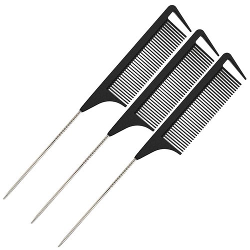 Yumflan Rat Tail Combs, 3Pcs Parting Combs for Braiding Hair, Nylon Hair Comb Rat Tail Comb Rattail Comb with Stainless Steel Pintail for Sectioning, Parting and Styling (Black)