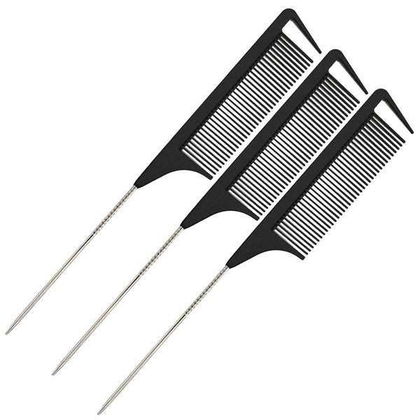 Yumflan Rat Tail Combs, 3Pcs Parting Combs for Braiding Hair, Nylon Hair Comb Rat Tail Comb Rattail Comb with Stainless Steel Pintail for Sectioning, Parting and Styling (Black)
