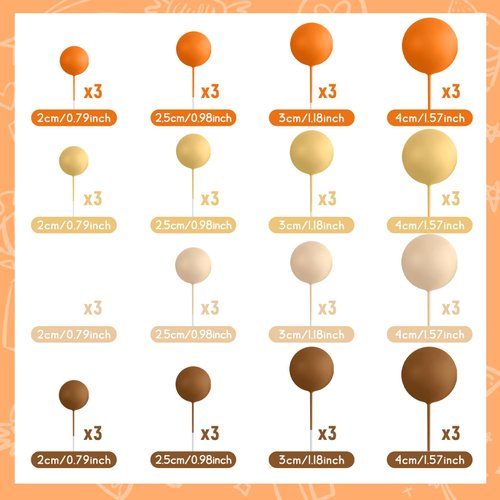 BOUBONI 48 Pcs Balls Cake Topper Decorations Balloon Cupcake Toppers Foam Cake Topper Balls Cake Balls Decorations for Birthday Party Wedding Cake Decorating (Orange, Yellow, Apricot, Khaki)