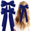 2PCS Velvet Hair Bows Ribbon Hair Clips, Ponytail Holder Slides Metal Clips French Barrette Big Fall Alligator Hair Clips Hair Accessories for Women Girls Toddler (Blue-A)