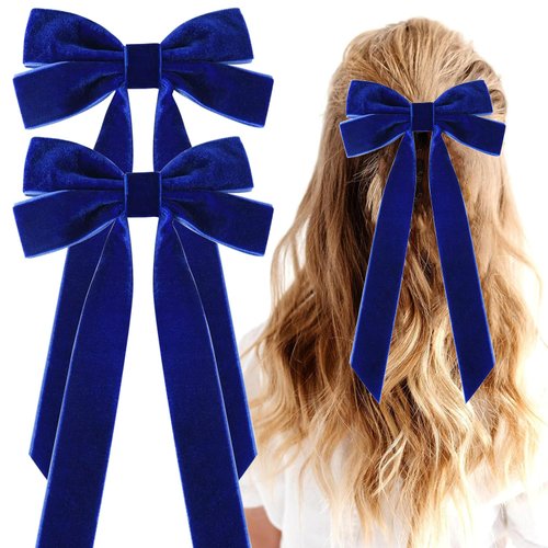 2PCS Velvet Hair Bows Ribbon Hair Clips, Ponytail Holder Slides Metal Clips French Barrette Big Fall Alligator Hair Clips Hair Accessories for Women Girls Toddler (Blue-A)
