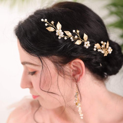 FXmimior Flower and Leaf Pearl Pins Rhinestone Headpiece Vintage Wedding Hair Pins Set Bridal Gold Hair Accessories for Brides and Bridesmaids Pack of 3(Gold)