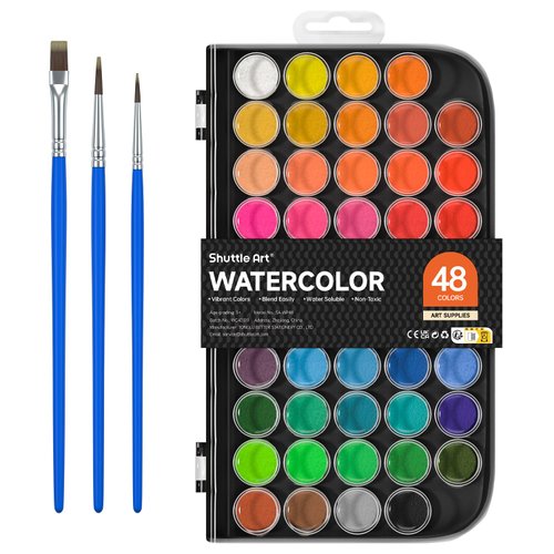Watercolor Paint Set, Shuttle Art 48 Colors Watercolor Paint Pan Set with 3 Paint Brushes for Beginners, Artists, Kids & Adults to Watercolor Paint, Bullet Journal, Calligraphy Practice