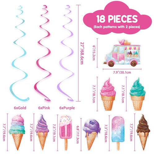 WERNNSAI 18PCS Ice Cream Hanging Swirls Party Decorations Summer Ice Cream Party Ceiling Streamers Decor Sweet Ice Cream Party Swirls Supplies for Girls Birthday Baby Shower