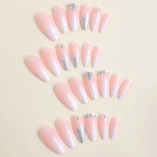 Almond French Tip Press on Nails Long Rhinestones False Nails Artificial Acrylic Nails Silver Glitter Powder Design Fake Nails 24Pcs Full Cover Reusable Coffin Nails Glue on Nails for Women Supplies