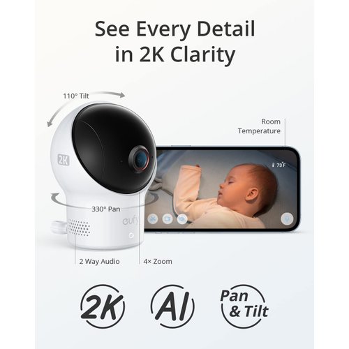 eufy Baby Wi-Fi Baby Monitor 2K with Noise Detection, Night Vision, Room Temperature Detection, Camera, Easy Setup, User-Friendly App, Requires 2.4GHz Wi-Fi