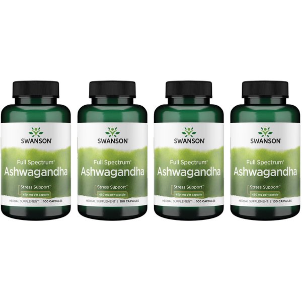 Swanson Ashwagandha Powder Supplement-Ashwagandha Root Supplement Promoting Stress Relief '&' Energy Support-Ayurvedic Supplement for Natural Wellness (100 Capsules, 450mg Each) 4 Pack
