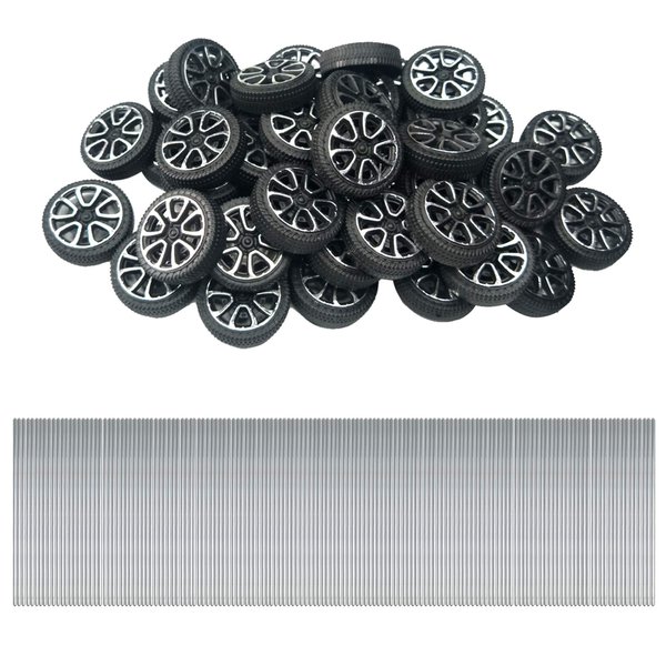 EUDAX 30mmx9mm Plastic Roll 2mm Dia Shaft Toys Wheel and 2mmx100mm STEM Shaft Round Rod Axles for DIY Toy RC Car Truck Boat Helicopter Model Part (300 Pcs)