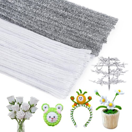 200PCS Pipe Cleaners Chenille Stem Set, 100PCS White +100PCS Glitter Silver Craft Pipe Cleaners, Fuzzy Sticks Pipe Cleaners Bulk for Arts and Crafts, Xmas Home Decoration
