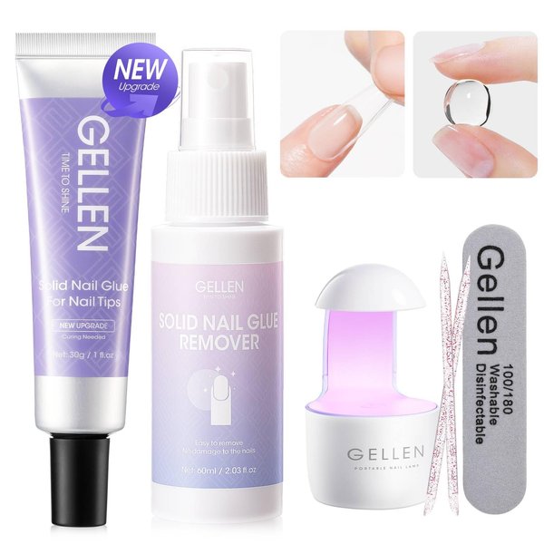 Gellen Solid Nail Glue Gel for Press On Nails, 30g Nail Glue Set with Nail Glue Remover and UV Light for Fake Nails, Nail Glue UV Gel Strong Adhesive Acrylic Nail Tips Nail Art Home