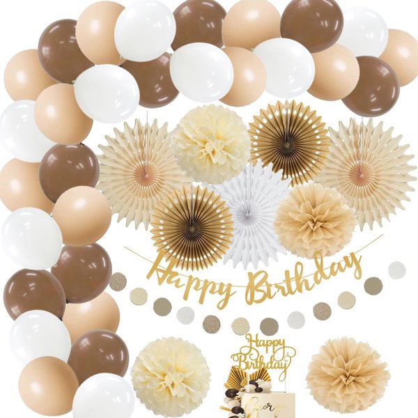 Brown Beige Birthday Party Decorations Paper Fans Cream Brown Birthday Decorations White Brown and Beige Balloon Garland Kit Boho Birthday Party Decorations for Women Girls with Birthday Cake Topper