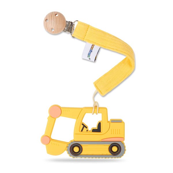 AmazingM Baby Food Grade Silicone Car Teether Toy with Pacifier clip Holder,Teething Pain Relief Toys Gift Set for 3 Months+ Boys and Girls,Freezer Safe,BPA Free (Excavator, Yellow)