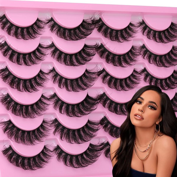 Yawamica False Lashes Fluffy Wispy 16mm Mink Lashes Pack 12 Pairs 5D Volume Fake Eyelashes Cat Eye Natural Look