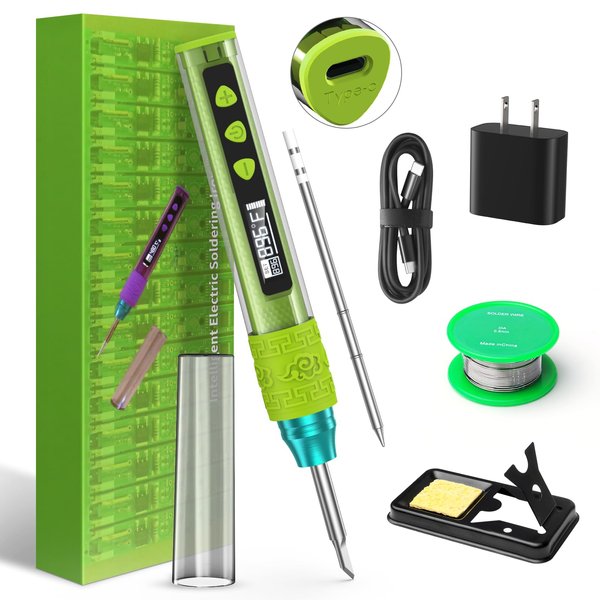 Soldering Iron Kit, Soldering Gun with OLED Digital Display, 8 Seconds Fast Heating 356-896℉ Solder Kit, Auto Sleep, Includes Solder Wire, Stand, T12 Tips for Electronics, Green(With Power Adapter)