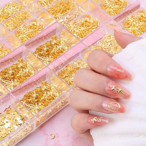 28 Grids Gold Metal Nail Studs, 3D Mix Geometry Nail Art Glitter Flakes Decorations Set, Multiple Shapes Rivet Jewelry Accessories for Women Girls Manicure Acrylic Nails Supplies DIY Crafts Sequins