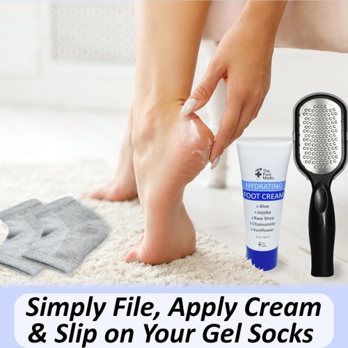 The Foot Medic Cracked Heel Repair Kit: Moisturizing Socks, Foot Cream & Foot File, Cracked Heel Treatment, Heel Socks, Silicone Toeless Socks, Spa Gel Socks for Dry Cracked Feet Women, Pedicure Socks