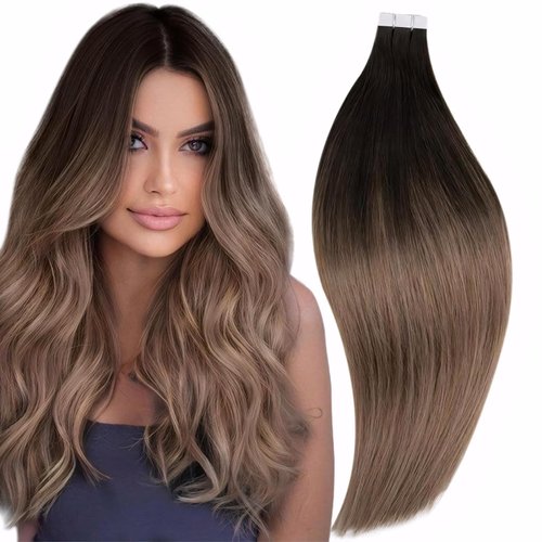 RUNATURE Ombre Brown Tape in Human Hair Extensions 18 Inch Balayage Dark Brown to Chestnut Brown with Ash Blonde Human Hair Tape in Extensions Straight Remy Hair Extensions Tape in Brown 40g 20pcs