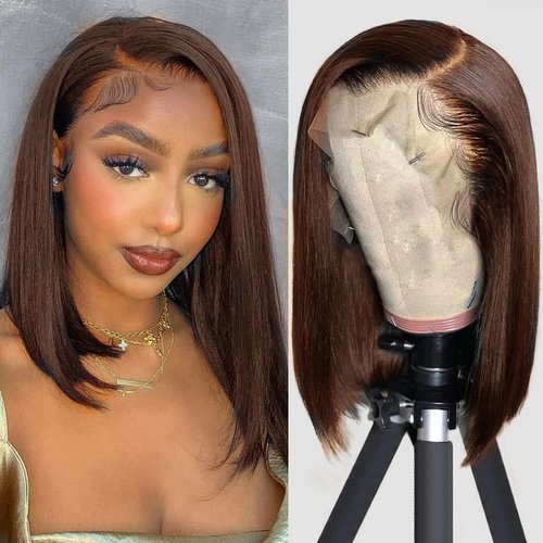 SEXAY Brown Bob Wigs Human Hair 13x4 HD Lace Front Wigs, 100% Unprocessed Brazilian Virgin Human Hair #4, Pre Plucked Natural Hairline with Baby Hair (12")