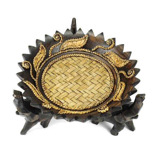 Rejoicing Elephant Leaves Carved Rain Tree Circular Wooden Tray