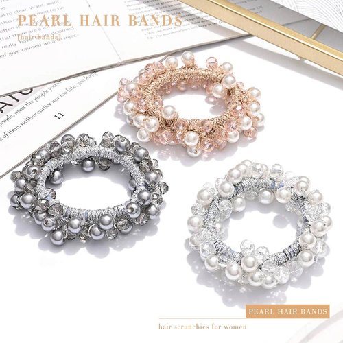 Fashey Pearl Hair Ties Elastic Hair Bands Crystal Ponytail Holder Hair Bead Scrunchies Hair Accessories for Women and Girls（Pack of 3） (Type B)