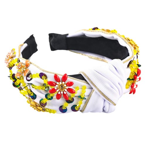 QTMY Rhinestone Crystal Wide Headbands Knot Turban Fashion Vintage Hairband Elastic Hair Hoops Hair Accessories for Women Girls,Purple (White&Colorful Flowers)
