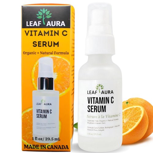 Leaf Aura Vitamin C Serum, Sulphate-Free, Organic+ Natural Formula, Brightens Uneven Skin, Made In Canada, 29.5ml