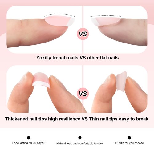 Yokilly 240 Pieces Natural French Fake Nails,Acrylic False Nails Kit Including 12 Different Size Short Press on False Nails,Pink White Nails Tips Sets with Nail Stickers,Files and Stick (240 Pcs)