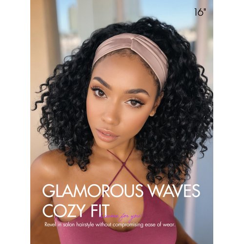 LUVME HAIR Deep Wave Headband Wig Human Hair Throw On & Go No Lace Glueless Human Hair Wigs with Adjustable Headband Beginners Friendly (16 Inch & Natural Black)